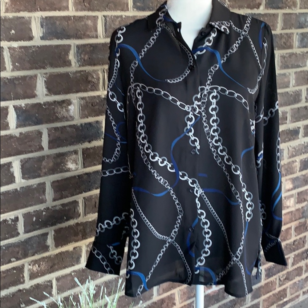 Gorgeous Chain Print Button Down Navy Blue Blouse Women size M